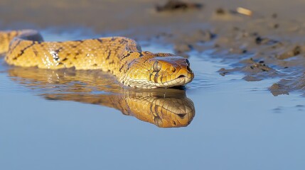 Yellow-brown snake reflecting in calm water near muddy shore