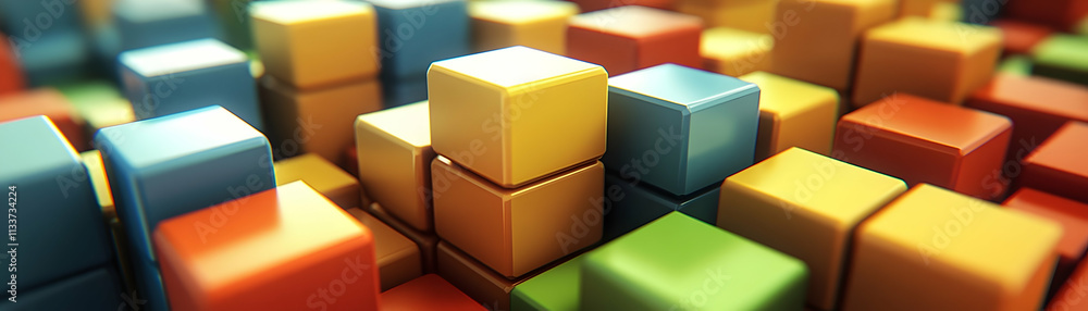 Poster colorful cubes stacked abstractly, forming a dynamic and vibrant 3d structure with varied colors and