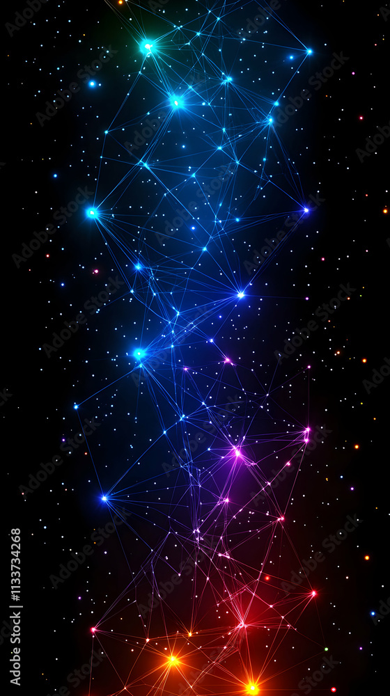 Poster vibrant network constellation, illuminated nodes connect across a dark expanse, creating a colorful,