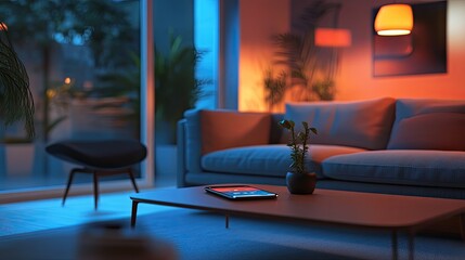 Modern living room at night, illuminated with warm and cool lighting, featuring a sofa, coffee table, tablet, and plants.