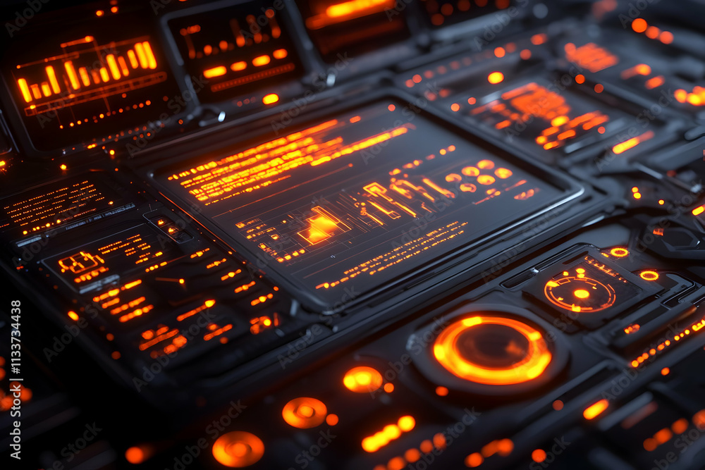 Poster a futuristic control panel with glowing orange interfaces and data displays.