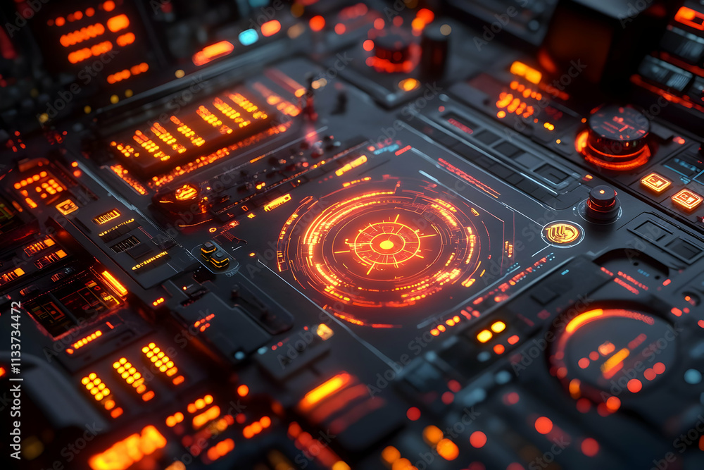 Aufkleber a futuristic control panel with glowing orange elements and intricate circuitry.
