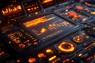 Obraz premium A futuristic control panel with glowing orange interfaces and data displays.