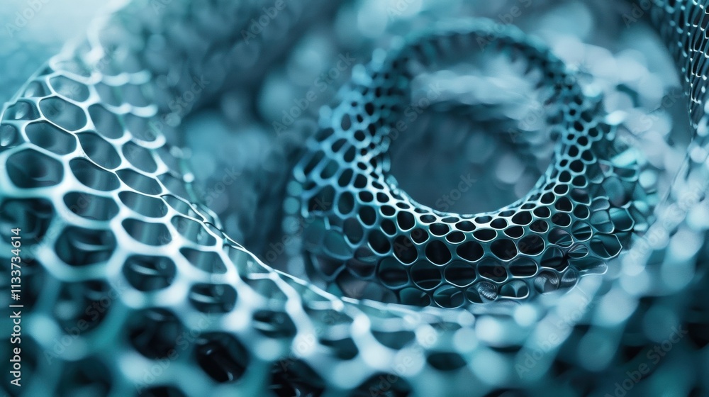 Poster complex metallic mesh structure rotating and creating a big data flow, visualized with a teal color 