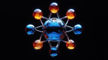 Abstract atom model with glowing spheres.