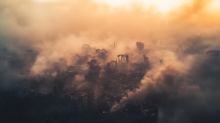 Obraz premium Smoky Ruins Of A City After A Catastrophic Fire
