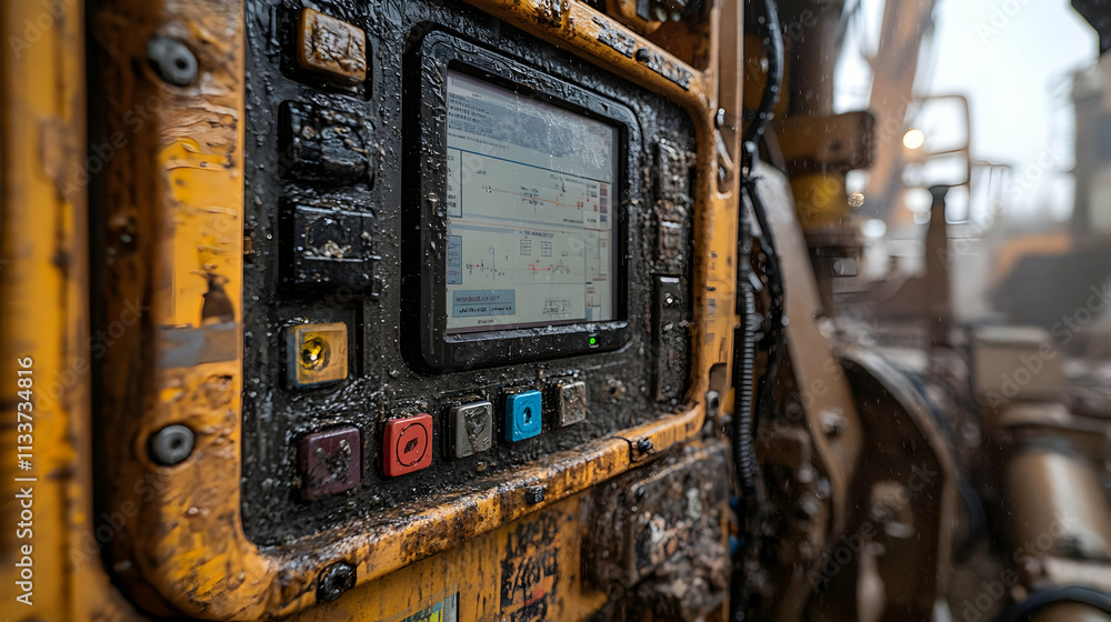 Poster close-up of a control panel on heavy machinery, showcasing operational buttons and display.