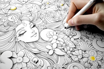 Woman's Face with Flowers Coloring Book Page.