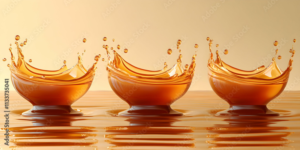 Poster golden liquid splashes in three cups, a symphony of vibrant caramel, creating mesmerizing patterns w