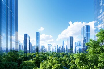 Fototapeta premium A vibrant cityscape merges urban architecture with lush greenery under a bright blue sky, showcasing a harmonious blend of nature and modern living.