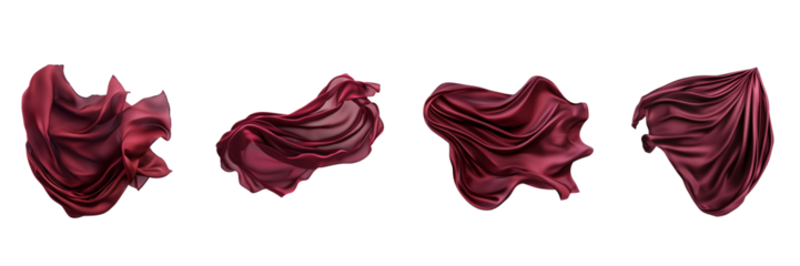 Set of floating elegant maroon fabric isolated on a transparent background
