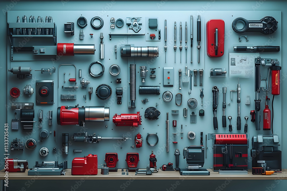 Poster a neatly arranged collection of tools and mechanical components for industrial use.
