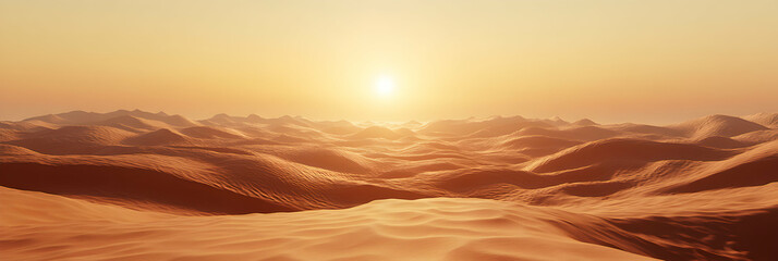 Fototapeta premium Sunset over Undulating Desert Sands, Arid Landscape at Golden Hour, showcasing the textured dunes and distant mountains bathed in warm light.