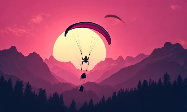 A paragliding silhouette against a vibrant sunset over mountains and forests.