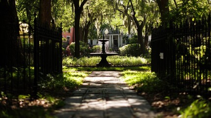 Tranquil Garden Pathway Leading to a Serene Fountain Scene