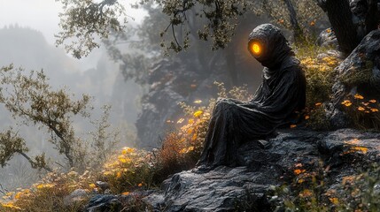 Stone Figure in Misty Landscape: A Surreal Scene