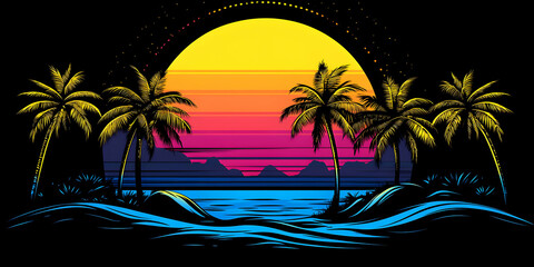 Obraz premium Vibrant Sunset Over Tropical Beach: Palm Trees Silhouette Against a Colorful Sky, Ocean Waves Gently Crashing on Shore at Dusk.