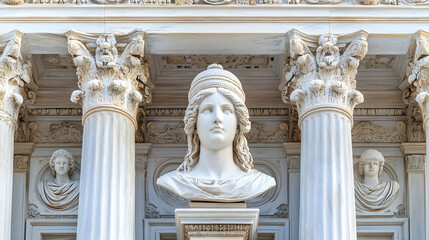Fototapeta premium Classical Marble Bust, A Woman's Head Adorned, Situated Between Corinthian Columns, Exquisitely Carved, Showcasing Ancient Architectural Design.