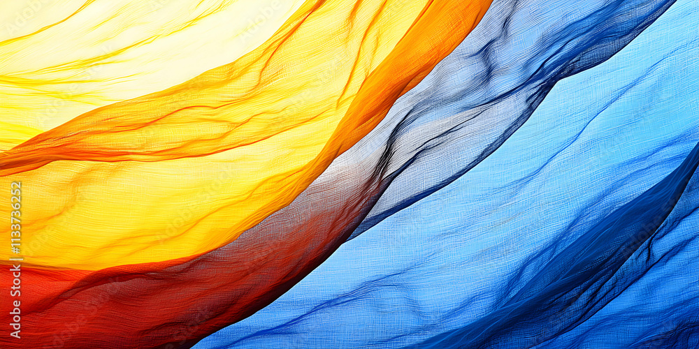 Poster vibrant hues of sheer fabric draped elegantly, a colorful textile displaying gradient colors with in
