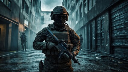Fototapeta premium Soldiers patrolling an urban area during a night operation