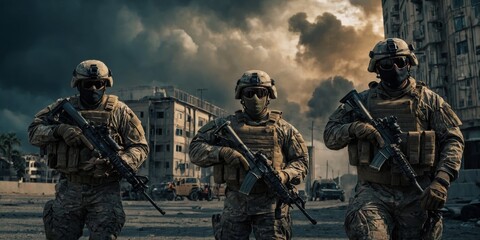 Fototapeta premium Soldiers in tactical gear patrol a war-torn urban landscape
