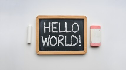 Small chalkboard with "Hello World!" text, chalk, and eraser on white background