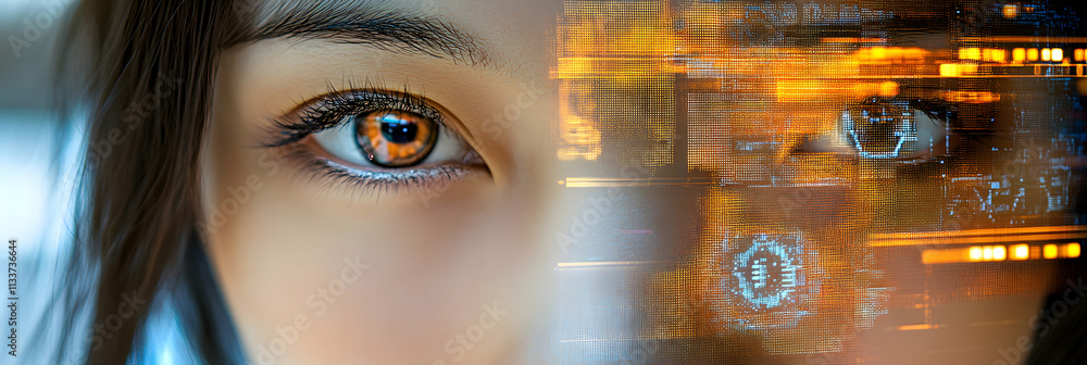 Poster digital eye, a woman's gaze merges with streaming data, reflecting technological integration and the