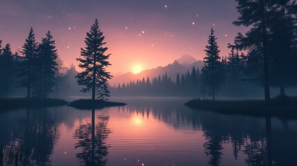 Sunset over Misty Lake and Mountains