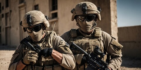 Fototapeta premium Military personnel in tactical gear prepare for a mission in desert
