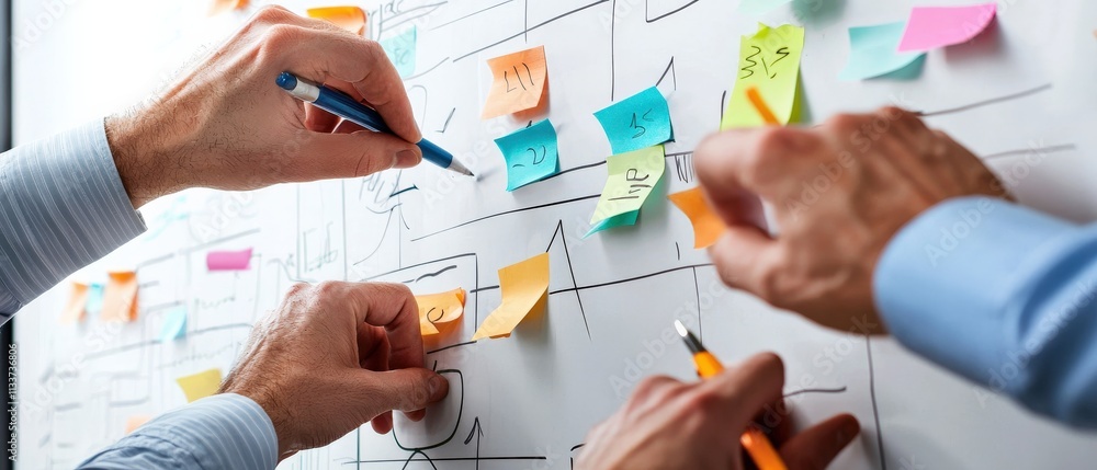 Poster team members brainstorming risk reduction ideas on a whiteboard filled with notes.