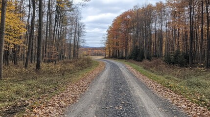 Fototapeta premium Serene Curved Gravel Road Through Autumn Forest with Colorful Trees