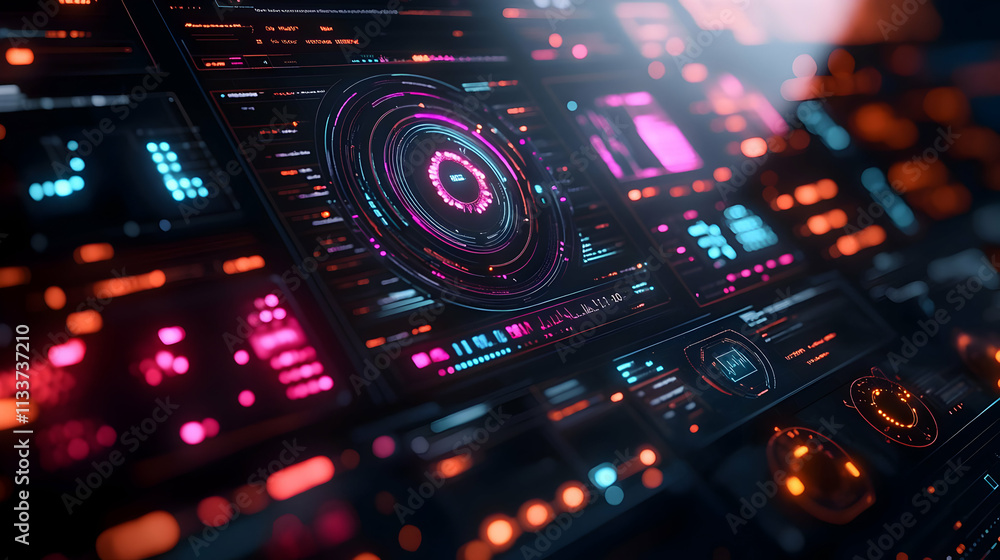 Poster futuristic control panel with glowing interfaces and data displays.
