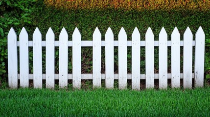 Fototapeta premium Charming White Picket Fence Against Lush Green Hedge Landscape