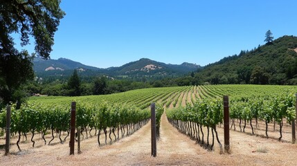 Fototapeta premium Lush Vineyards in California Under Clear Blue Sky with Mountains