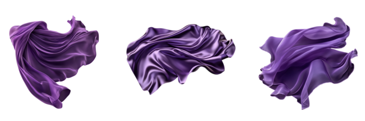 Set of floating elegant purple fabric isolated on a transparent background