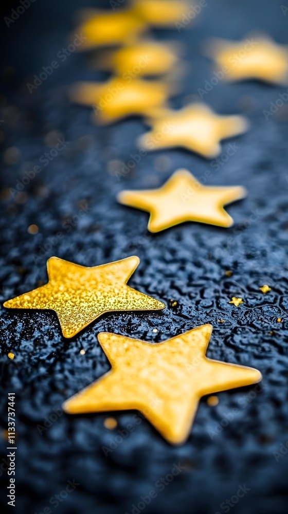 Poster a close-up of golden star shapes on a textured dark surface, creating a whimsical effect.