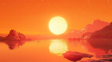 Fototapeta premium Orange sun setting over a calm lake and rocky mountains.