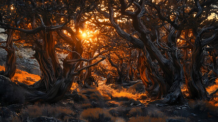 Warm golden light of a dark orange dawn peeks through the gaps of a dense thicket of burned orange bristlecone pines, eerie and mystical, a realistic photo image. Thicket. Illustration