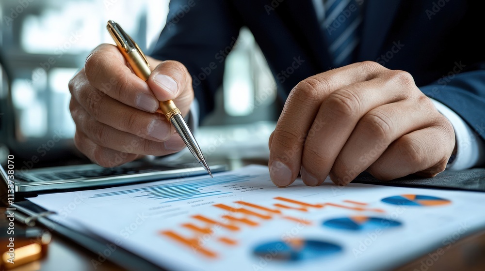 Poster a business analyst presenting a chart of fluctuating interest rates to a group of professionals.