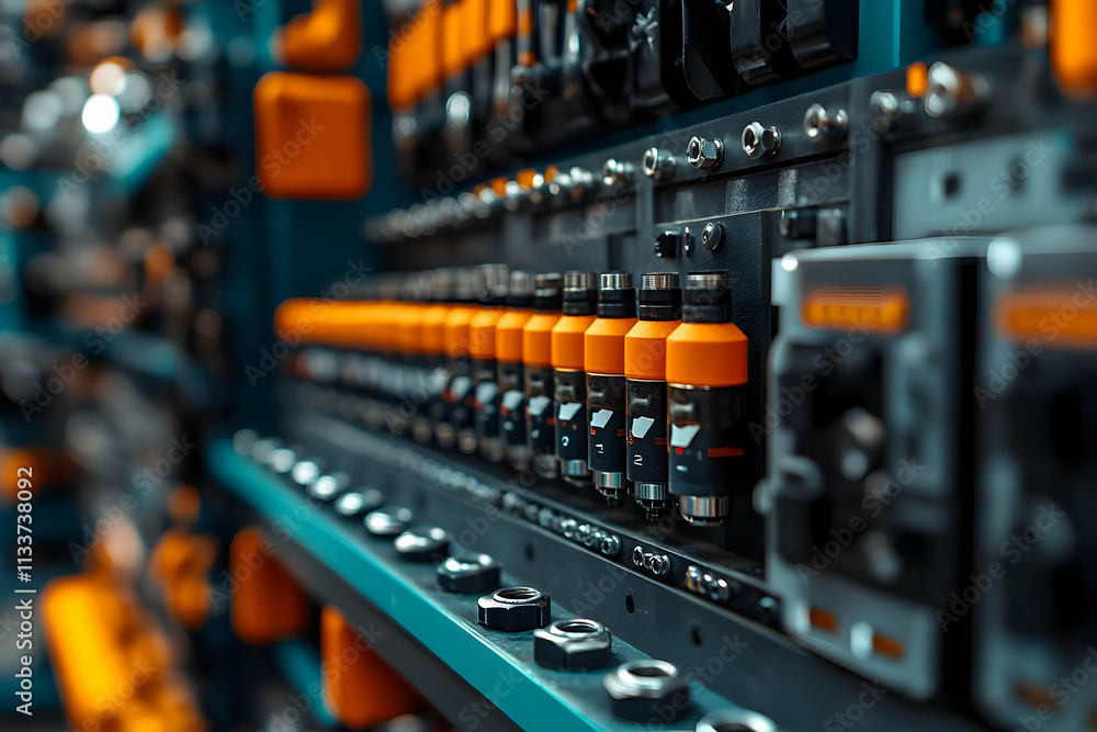 Poster close-up of an industrial control panel with various buttons and switches.
