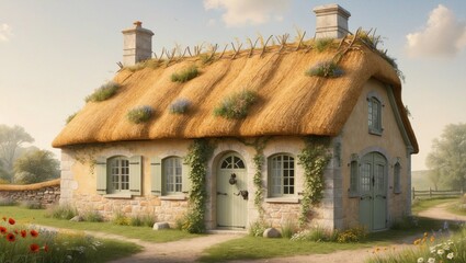 Quaint cottage with thatched roof surrounded by blooming flowers