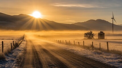Obraz premium Serene Sunrise Over Dusty Road with Wind Turbine and Misty Landscape