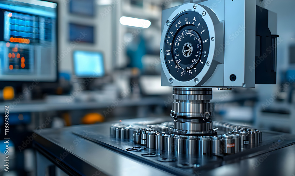 Poster industrial machinery with precision instruments in a modern workshop setting.