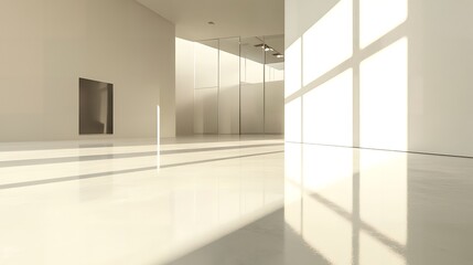 Fototapeta premium 光が差し込む白い壁と光沢のある床のミニマルな空間 | Minimalist space with white walls and glossy floor bathed in sunlight