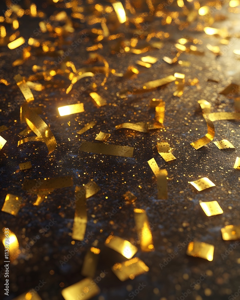 Poster a close-up view of golden confetti scattered on a dark surface, creating a festive atmosphere.