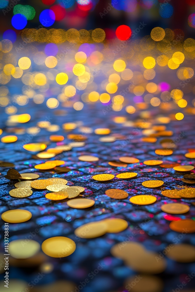 Poster a colorful array of golden coins scattered on a textured surface, creating a festive atmosphere.