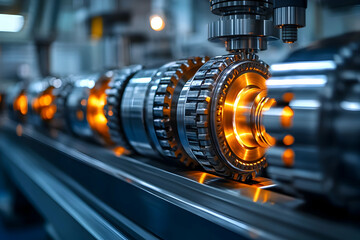 Fototapeta premium Close-up of industrial machinery components with glowing elements, showcasing precision engineering.