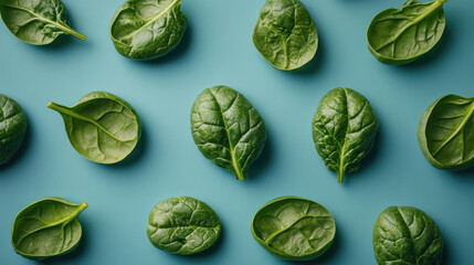 Fresh spinach leaves arranged on blue background, showcasing their vibrant green color and unique textures. Perfect for healthy recipes and culinary presentations
