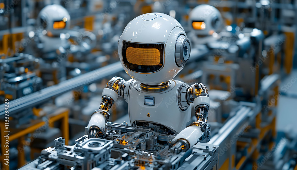 Aufkleber robots assembling components in a futuristic industrial setting.