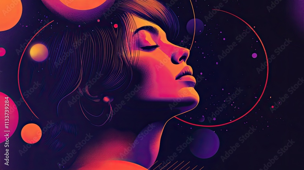 Wall mural Serene woman's portrait with vibrant cosmic background.